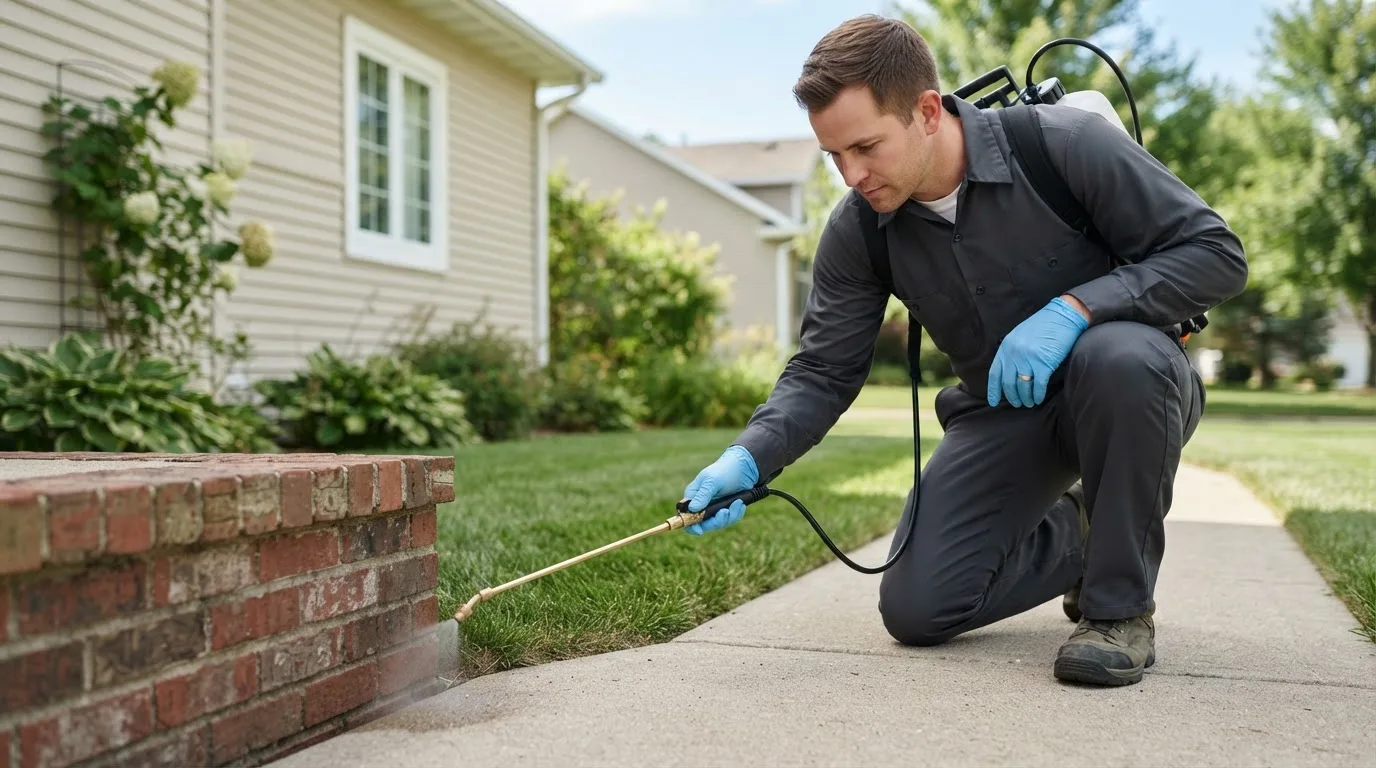 Pest control technician treating a home near Islip, NY