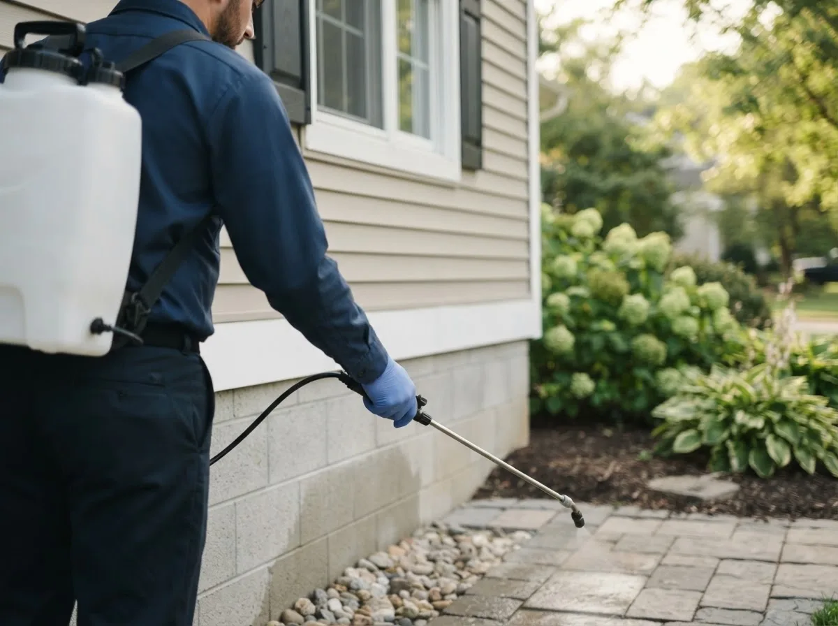 Pest control technician inspecting a home in Islip, NY